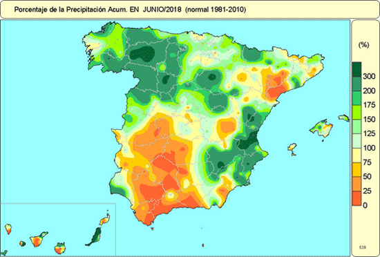 Porcentaje de la precipitación acumulada en junio 2018 (normal 1981-2010) Porcentaje de la precipitación acumulada en junio 2018 (normal 1981-2010)