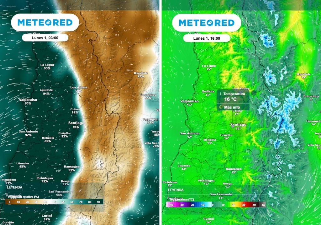 mapas de humedad y temperatura Este lunes tendremos ingreso de nubosidad y descenso térmico: día gris y lloviznas para partir la mañana.