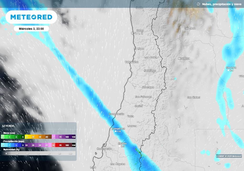 mapa de nubes y precipitación Este miércoles tendremos un día con poco espacio a los rayos solares: las nubes cubrirán la ciudad de Santiago gracias al avance del sistema frontal por el centro sur de Chile.