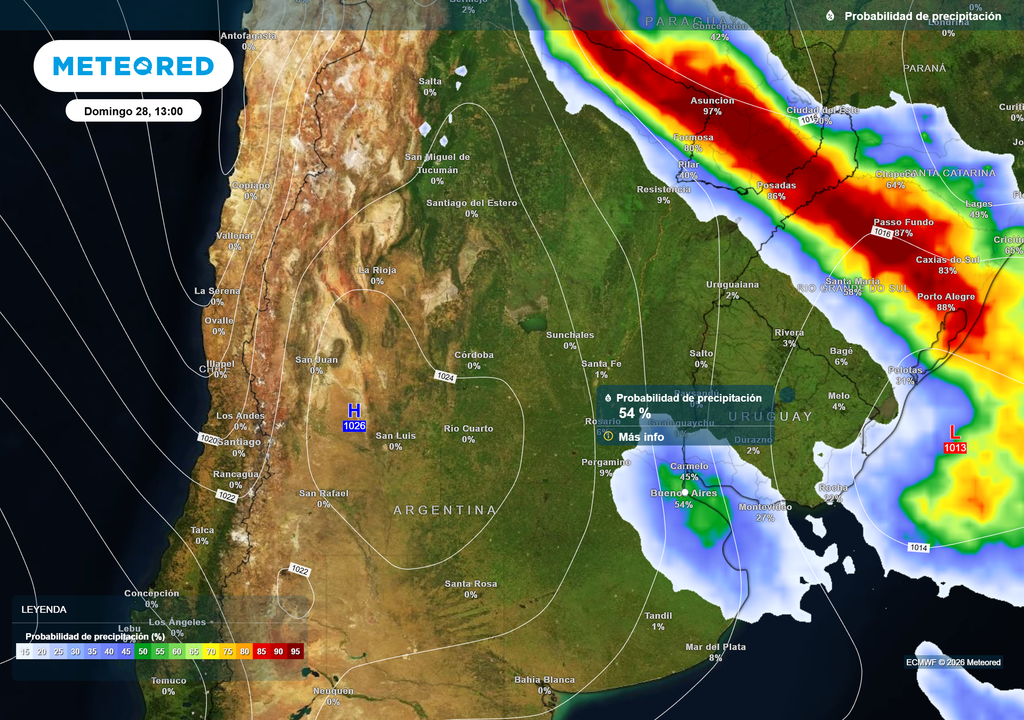 Probabilidad de precipitación en AMBA el domingo 28 de Junio a las 13 h según el modelo ECMWF.