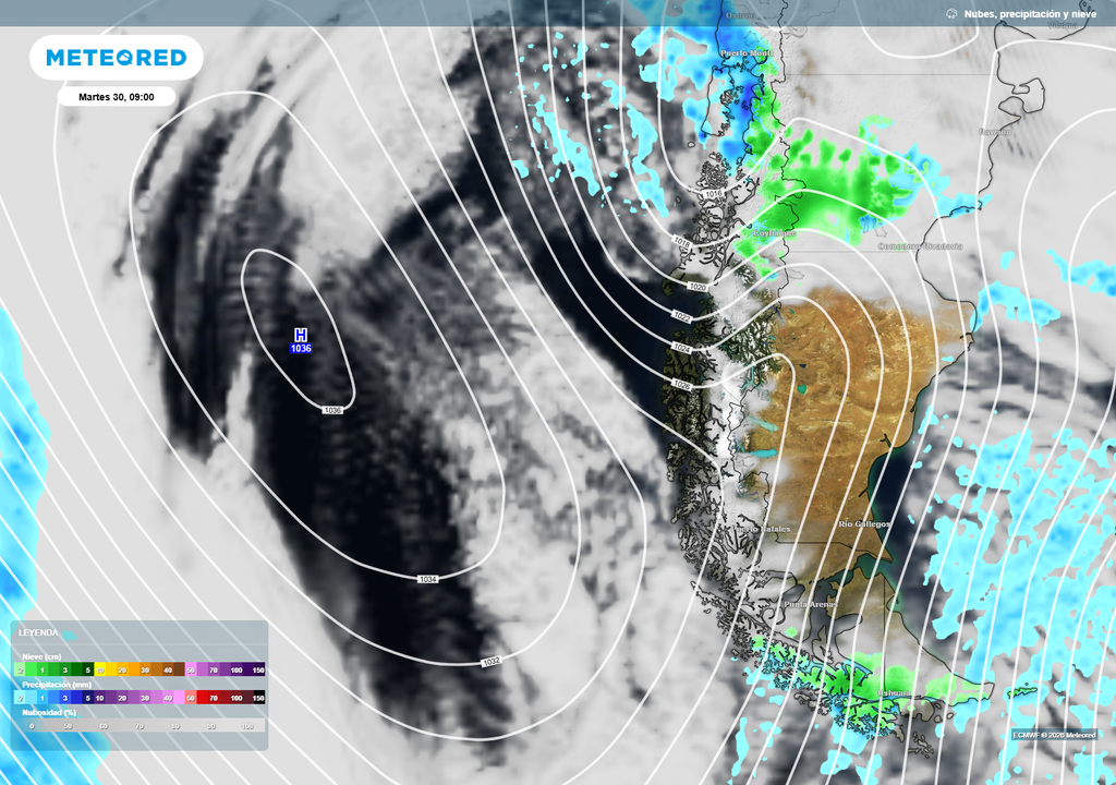 La Patagonia se mantendrá bajo la influencia de altas presiones frías durante la primera mitad de la semana. Este patrón favorecerá condiciones más estables, pero también mañanas heladas, nubosidad variable y chubascos aislados en sectores del extremo sur.