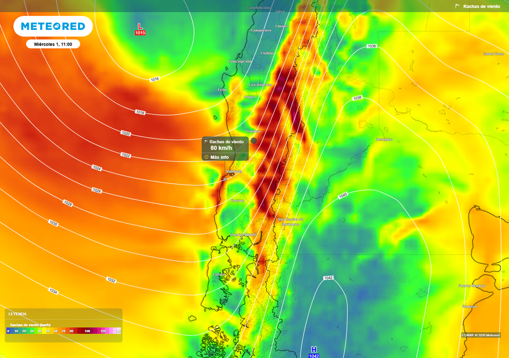 La formación de un centro de baja presión frente al centro-sur podría intensificar las rachas de viento durante el miércoles. El ECMWF proyecta rachas cercanas o superiores a 80 km/h en la zona sur.