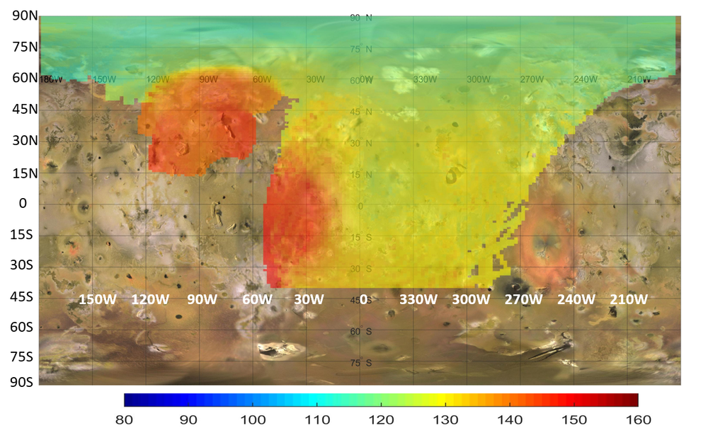 Este mapa representa datos obtenidos por el instrumento radiómetro de microondas (MWR) a bordo de la sonda Juno de la NASA, los cuales indican el calor que emana desde justo debajo de la superficie de Ío, una de las lunas de Júpiter. Los colores muestran un gradiente de temperatura característico en toda la luna, mostrando en rojo la emisión de calor más extrema y localizada. Este mapa representa datos obtenidos por el instrumento radiómetro de microondas (MWR) a bordo de la sonda Juno de la NASA, los cuales indican el calor que emana desde justo debajo de la superficie de Ío, una de las lunas de Júpiter. Los colores muestran un gradiente de temperatura característico en toda la luna, mostrando en rojo la emisión de calor más extrema y localizada. NASA/JPL-Caltech/SwRI/USGS