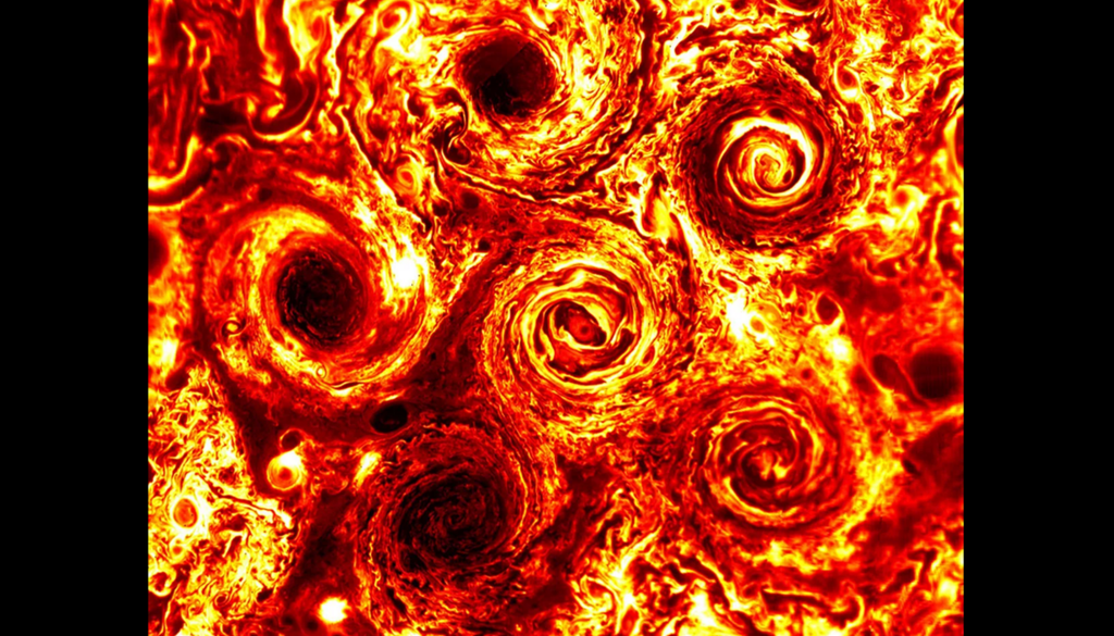 Nahaufnahme der sechs Zyklone am Südpol des Jupiters, Infrarotbild vom 2. Februar 2017 während des dritten Durchlaufs von Juno. Der Jovian Infrared Auroral Mapper (JIRAM) misst die vom Planeten abgestrahlte Wärme mit einer Infrarotwellenlänge von etwa 5 Mikrometern. Nahaufnahme der sechs Zyklone am Südpol des Jupiters, Infrarotbild vom 2. Februar 2017 während des dritten Durchlaufs von Juno. Der Jovian Infrared Auroral Mapper (JIRAM) misst die vom Planeten abgestrahlte Wärme mit einer Infrarotwellenlänge von etwa 5 Mikrometern. Bild: NASA/JPL-Caltech/SwRI/ASI/INAF/JIRAM