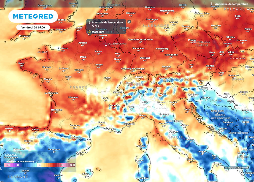 Vendredi, après une fraîche matinée, une grande douceur s'installera à nouveau l'après-midi, avec des valeurs souvent 2 à 5°C au-dessus des moyennes de saison, notamment au Nord.