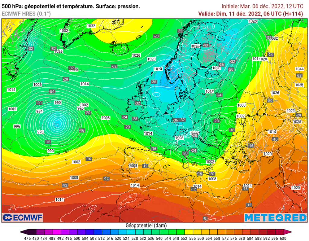 Au cours du week-end, une masse d'air glacial va plonger vers la France (modèle ECMWF via tameteo). Au cours du week-end, une masse d'air glacial va plonger vers la France (modèle ECMWF via tameteo).