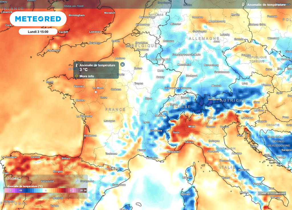 Anomalie de température lundi après-midi Anomalie de température lundi après-midi