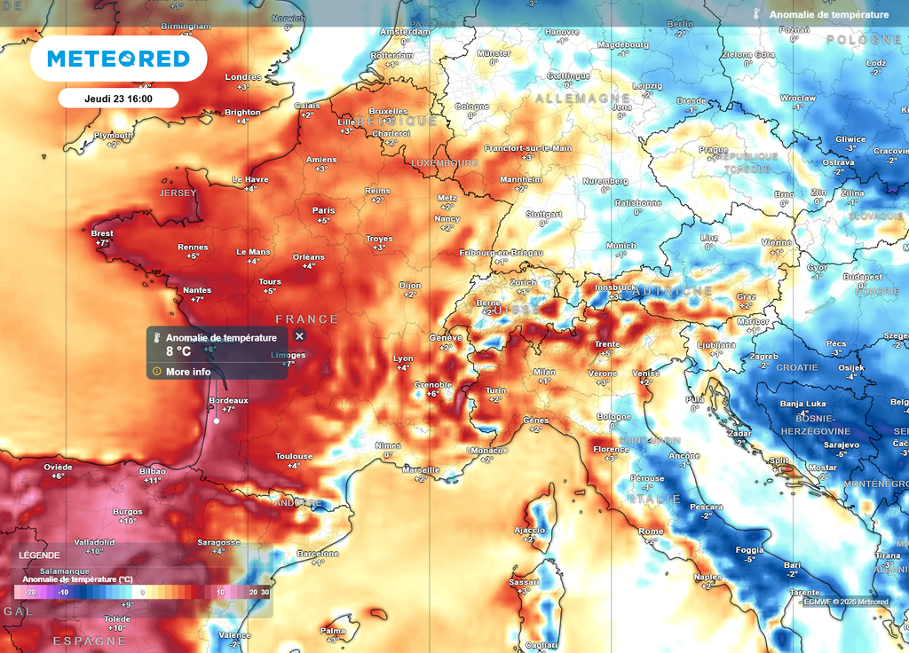 Jeudi après-midi, à l'exception du littoral méditerranéen où les valeurs seront plus tempérées, les températures seront partout supérieures aux normales de saison, particulièrement à l'Ouest.
