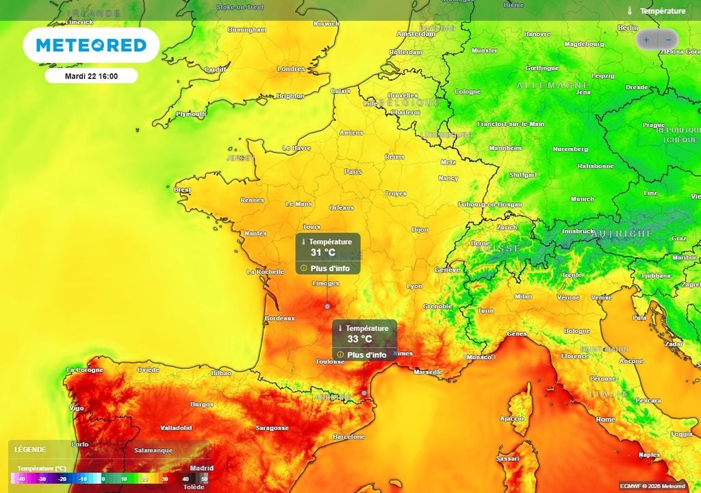 Ce mardi, les températures vont atteindre les 30°C au sud-ouest et 33°C près de la Méditerranée Ce mardi, les températures vont atteindre les 30°C au sud-ouest et 33°C près de la Méditerranée