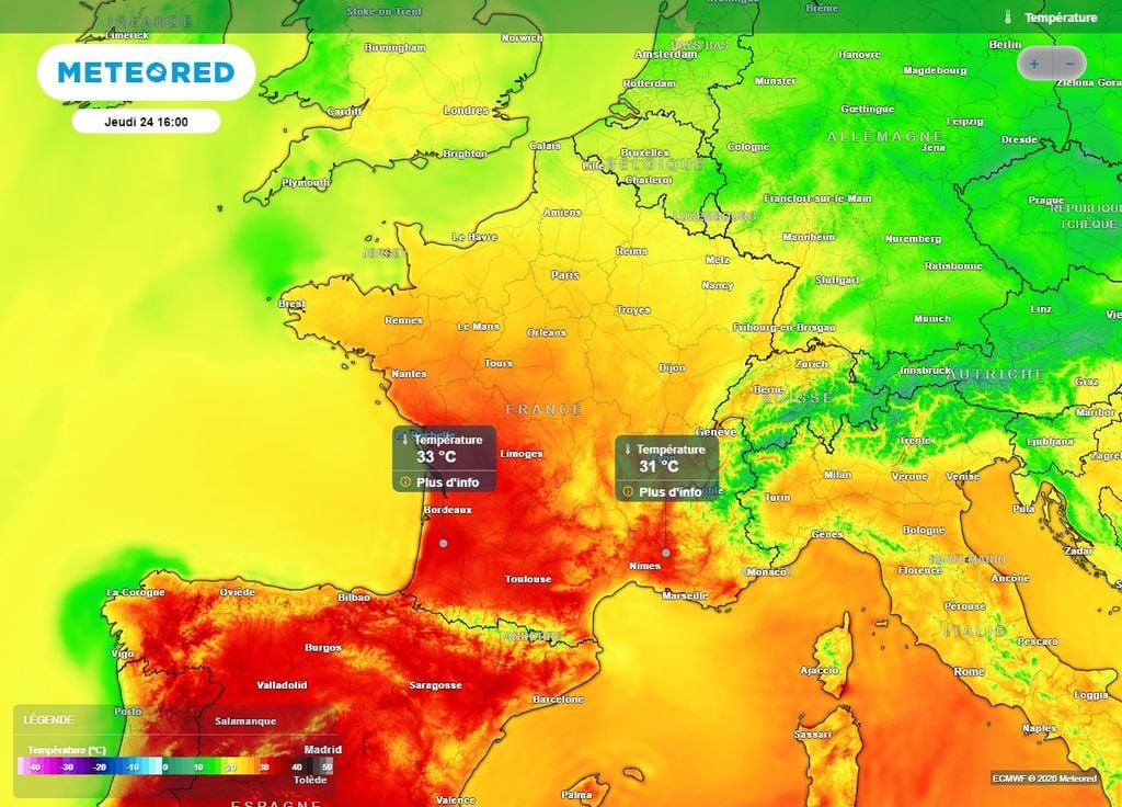 Jeudi, les fortes chaleurs se poursuivront au sud-ouest et en Méditerranée Jeudi, les fortes chaleurs se poursuivront au sud-ouest et en Méditerranée