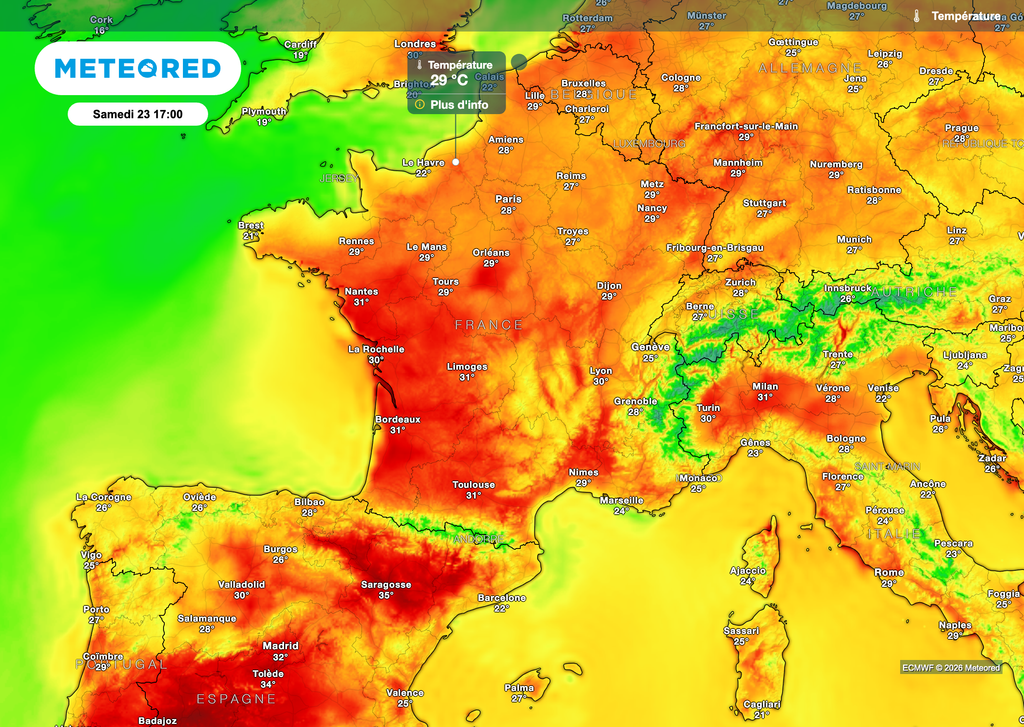 Les 30°C seront proches pour ce samedi après)midi, y compris localement au nord. Les 30°C seront proches pour ce samedi après)midi, y compris localement au nord.