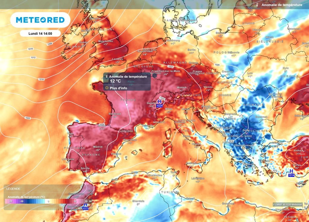 Anomalie de températures lundi après-midi Les hautes pressions centrées sur l'Est de la France emmèneront dans leur sillage un flux de Sud-Ouest, propulsant la chaleur espagnole sur la France.