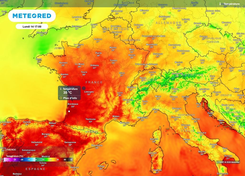 Températures lundi après-midi Lundi après-midi, les deux-tiers Sud du pays pourraient connaître des valeurs autour des 30°C, jusqu'à 35°C localement au Sud de la Garonne.