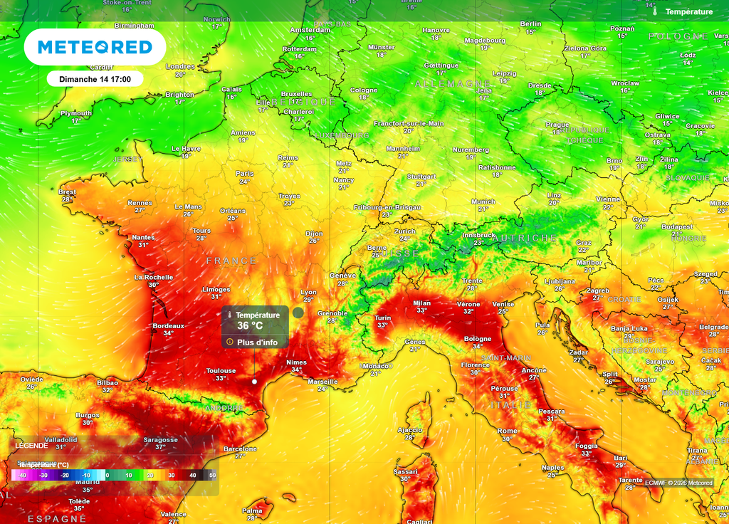 Températures dimanche après-midi Dimanche, de très fortes chaleurs (35 ou 36°C) pourraient s'observer aussi bien en Aquitaine, que du Languedoc à la Provence.