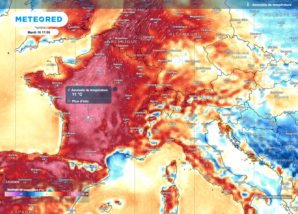 Anomalie de températures mardi après-midi Le rouge devient plus vif sur nos cartes : à partir de mardi, les températures se situeront par endroits plus de 10°C au-dessus des normales de saison !
