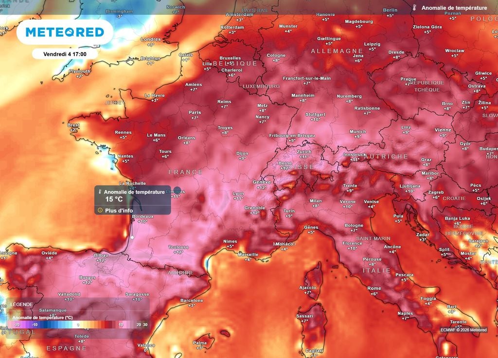 L'anomalie de températures s'annonce stratosphérique vendredi après-midi dans le Sud-Ouest, avec des valeurs parfois 15°C au-dessus des normales de saison.