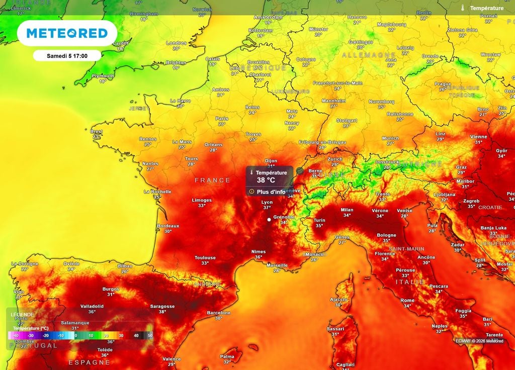 Samedi après-midi, les régions du Sud-Ouest, de la vallée du Rhône et de la Provence devraient fréquemment atteindre les 38°C à l'ombre, avec des pointes à 40°C.