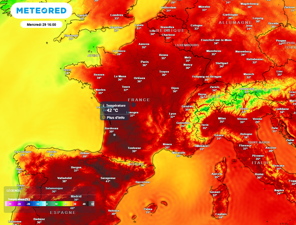 Mercredi sera la journée la plus chaude de cet épisode avec de nombreuses pointes à 40°C ou plus.