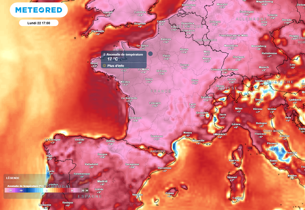 En début de semaine prochaine, les valeurs seront situées jusqu'à 17°C au-dessus des normales de saison. En début de semaine prochaine, les valeurs seront situées jusqu'à 17°C au-dessus des normales de saison.