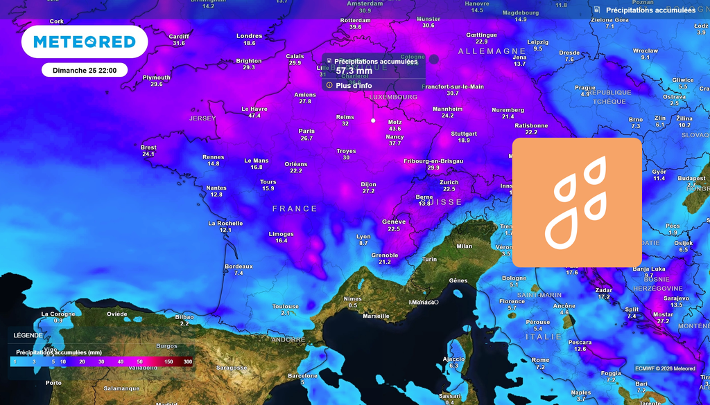 Cumuls de précipitations France dimanche soir Dans les régions coloriées en rose/violet, les cumuls de pluie s'annoncent particulièrement importants d'ici dimanche soir, souvent plus de 30 mm de précipitations.