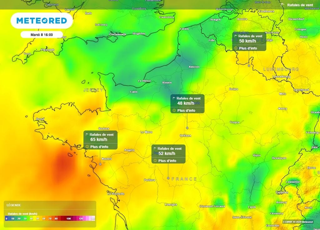 Des rafales de 50 à 60 km/h concerneront une bonne partie de la moitié nord de la France Des rafales de 50 à 60 km/h concerneront une bonne partie de la moitié nord de la France