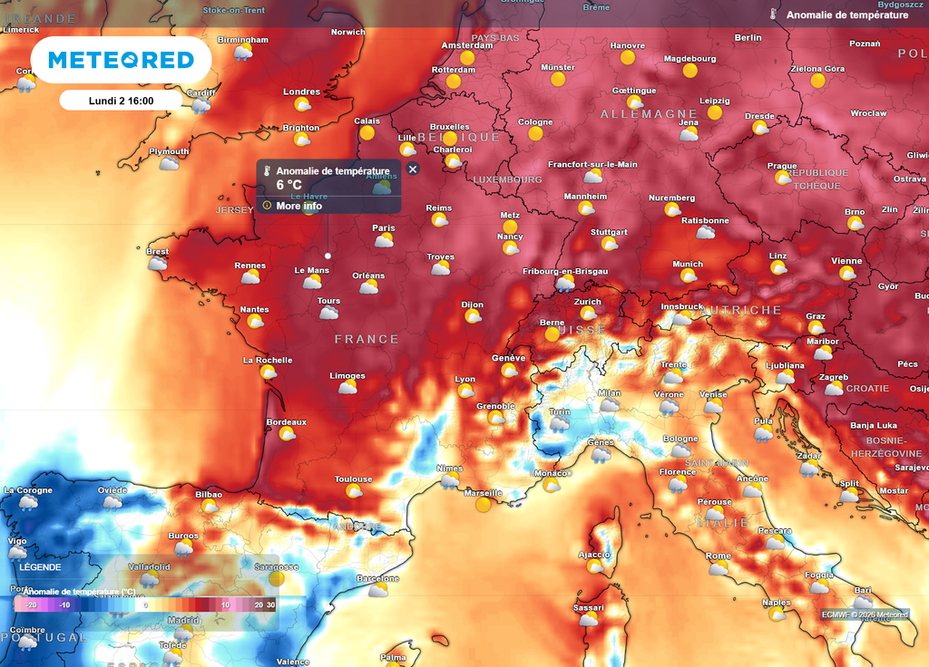 Ce lundi 2 mars après-midi, les températures se situeront souvent 3 à 6°C au-dessus des moyennes de saison, sauf vers les Cévennes et la pointe bretonne.