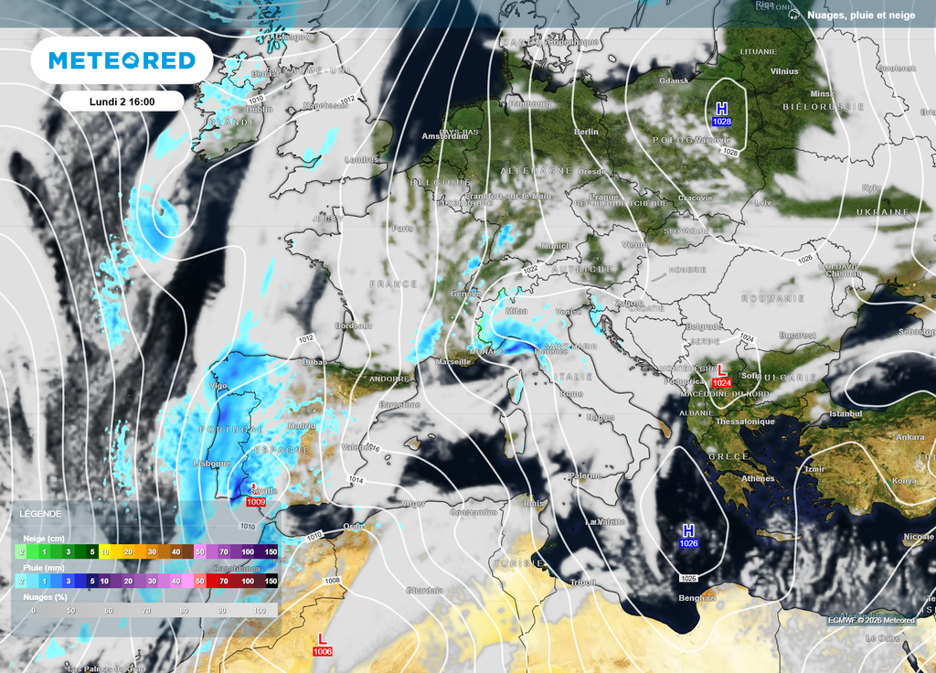 La semaine prochaine, la France sera sous l'influence d'un flux de Sud très doux, coincée entre des hautes pressions sur l'Europe de l'Est et une goutte froide circulant de l'Espagne vers le Maroc.