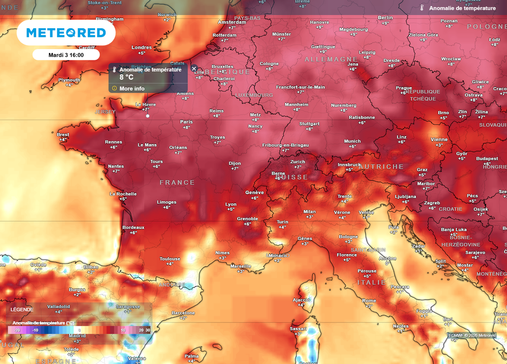 Mardi après-midi, en-dehors du littoral méditerranéen, les températures se situeront toujours 3 à 8°C au-dessus des moyennes de saison : une douceur durable et printanière !
