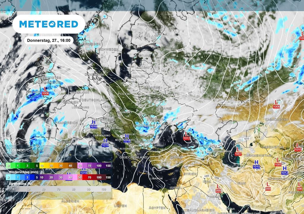 Tiefdruck, Regen, Wolken, Europa Die aktuelle Konstellation aus Tiefdruckgebieten über dem Atlantik und einem Hoch über dem Mittelmeer sorgt für vermehrte Wolkenbildung über Deutschland.