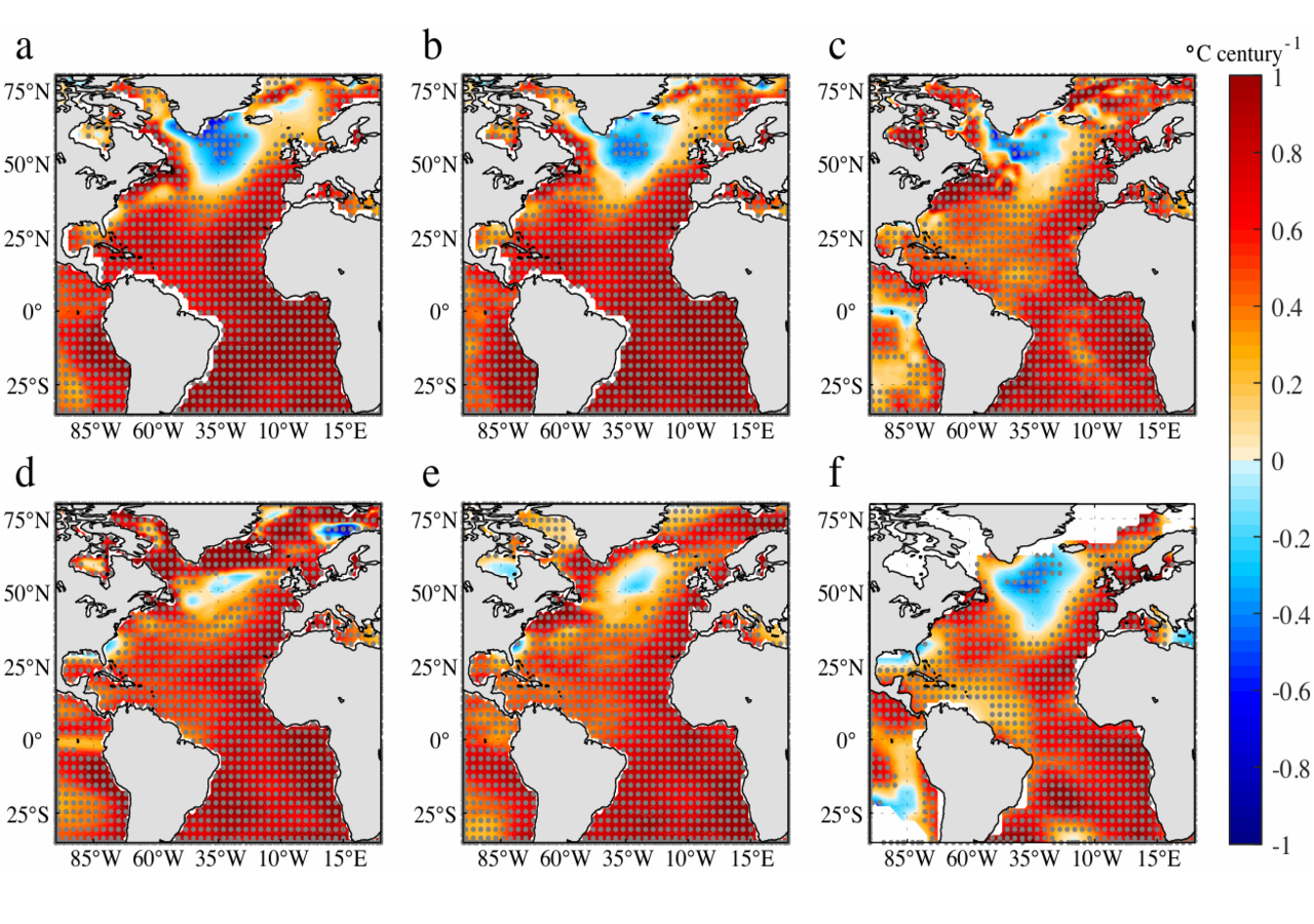 Atlantische Trends der Meeresoberflächentemperaturen in Beobachtungen: Der Kalte Fleck ist deutlich sichtbar. Bild: Li & Liu, 2025