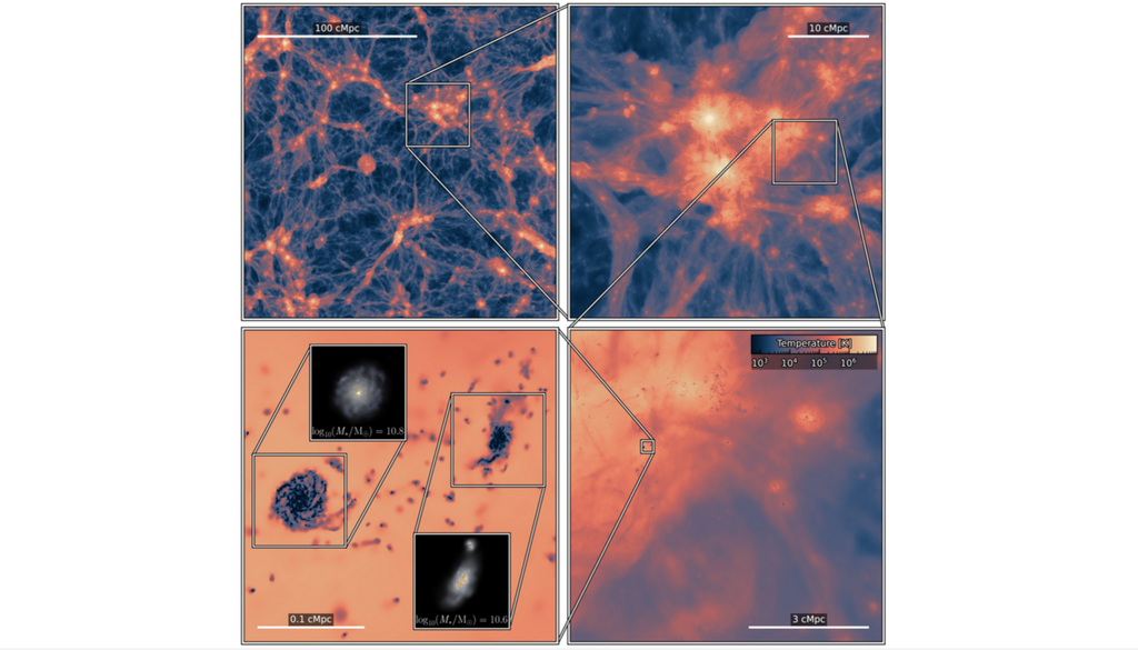Dynamikbereich der Simulation. COLIBRE modelliert gleichzeitig das großräumige kosmische Netz, das mehrphasige Gas sowie die innere Struktur von Galaxien. Bild: Schaye et al., 2026