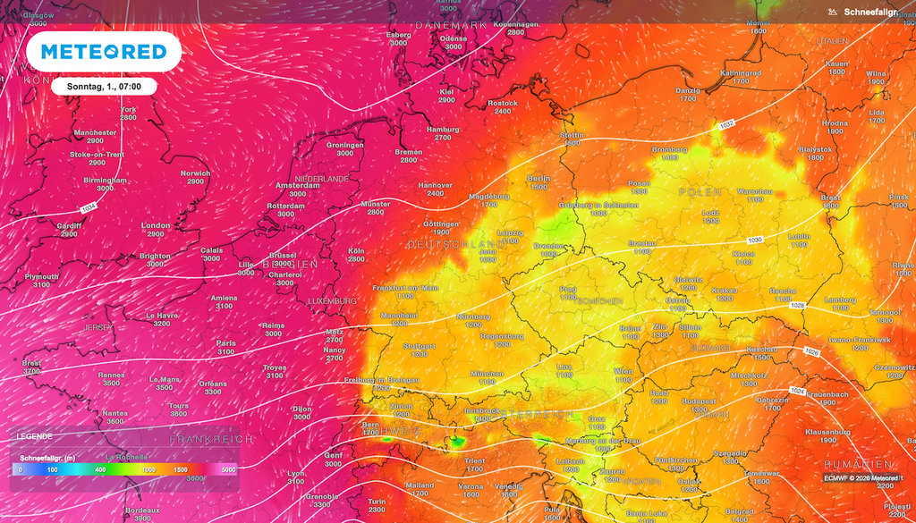 Schneegrenzem Sonntagmorgen, ECMWF, Niederschlag Die Schneegrenze geht auf Talfahrt: Für Sonntagmorgen berechnet ECMWF regional nur noch rund 1000 bis 1200 Meter – wo Niederschlag fällt, können die Berge angezuckerte Spitzen bekommen!
