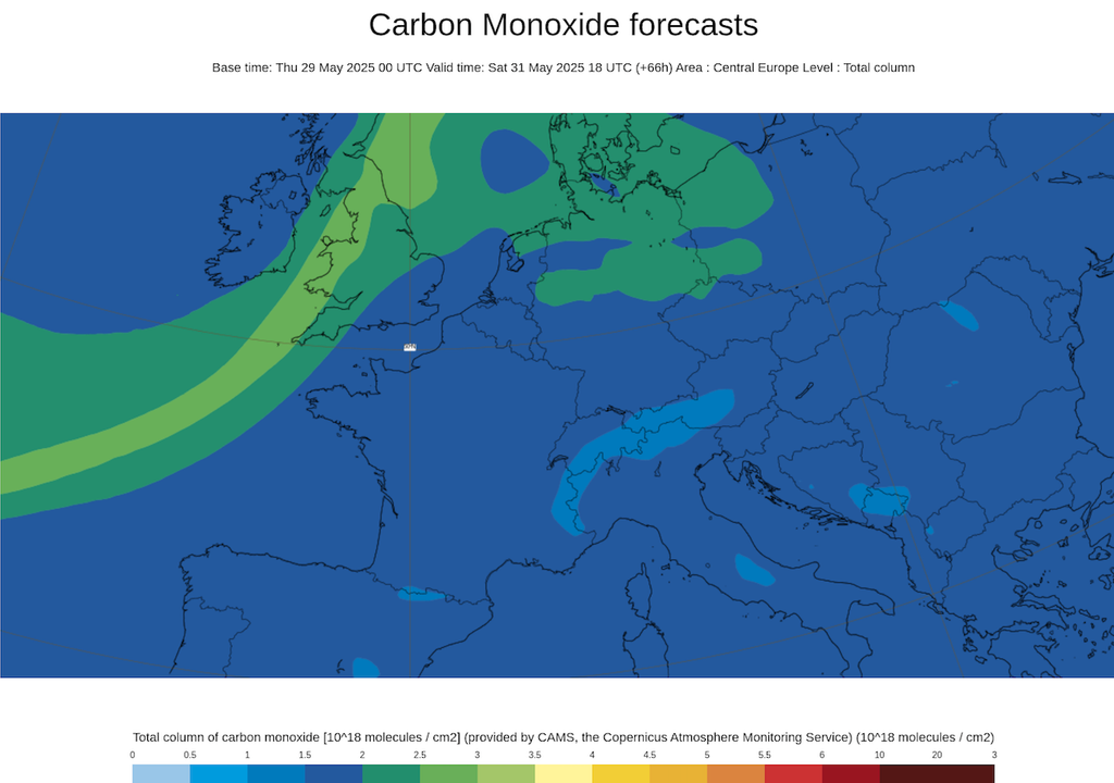 CAMS-Prognose, Kohlenmonoxid-Wolke, Kanada, Bränden, Deutschland, Samstag