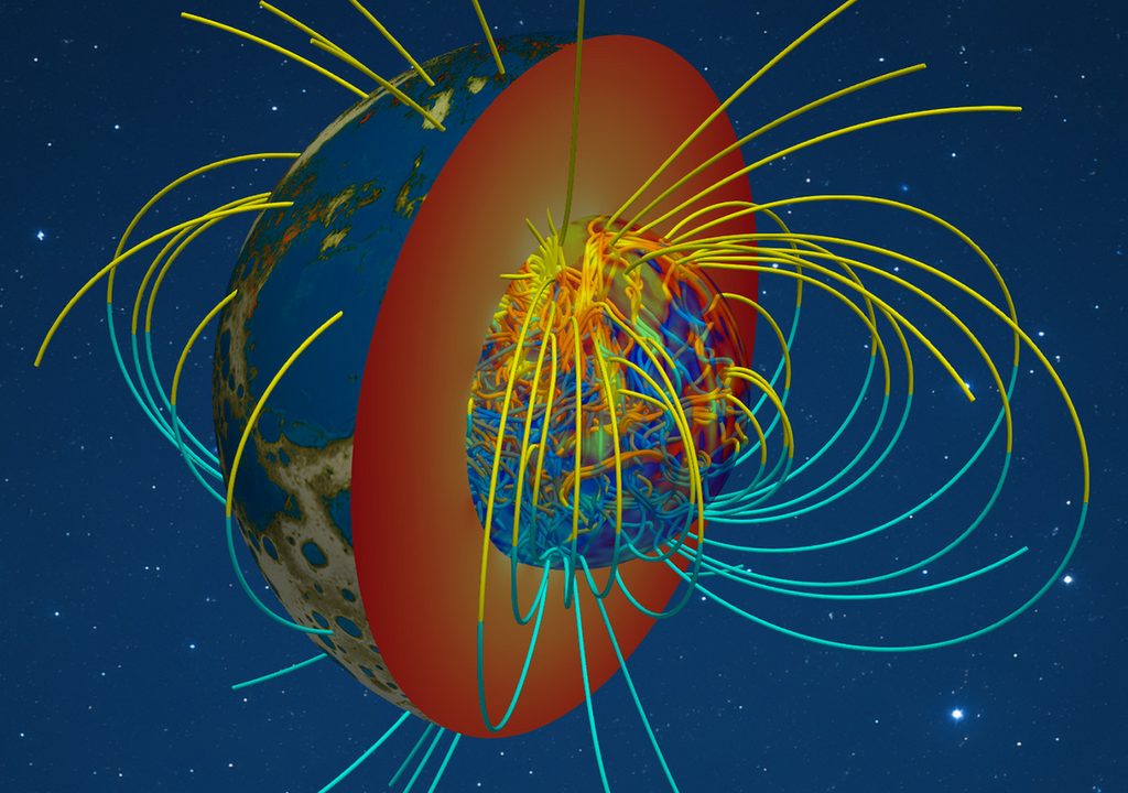 Ein simulierter Blick ins Innere der Erde vor etwa einer Milliarde Jahren: Ineinander verschlungene Magnetfeldlinien im Erdkern sind mit dem äusseren Magnetfeld der Erde verbunden.