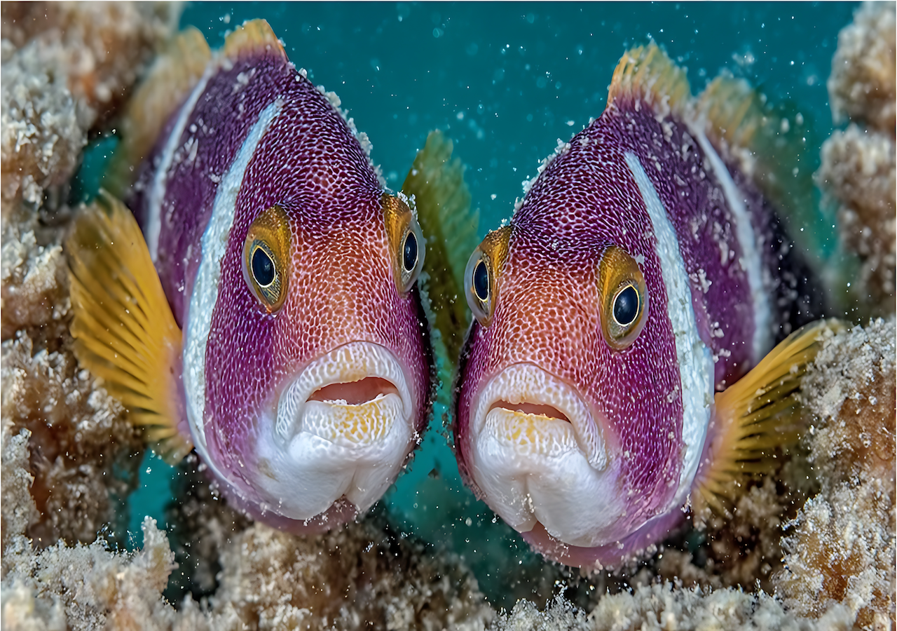 Symbolbild: Paar lila-weiß gestreifter Anemonenfische in lebendigem Unterwasserlebensraum.