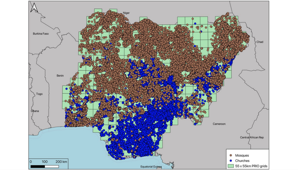 Karte Nigerias mit Verteilung von Moscheen und Kirchen. Bild: Koopmans, Meierrieks & Tuki, 2026
