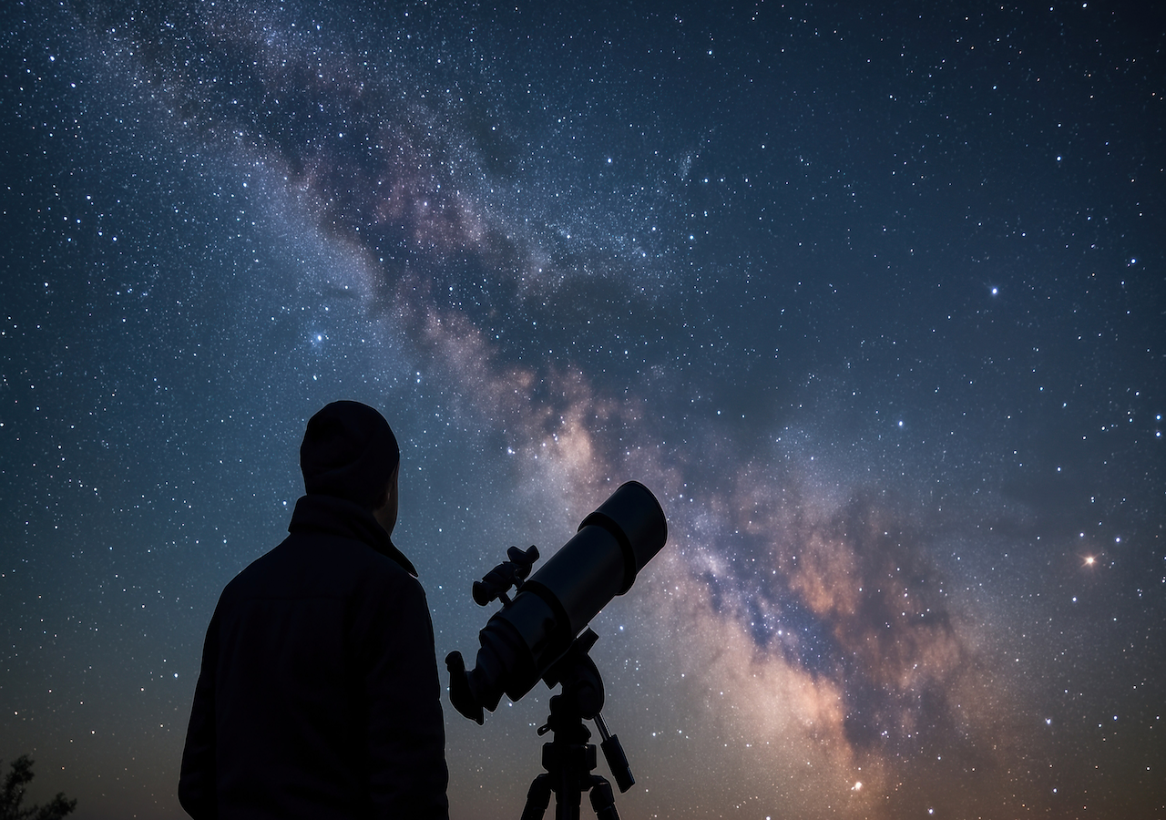 Ein Beobachter richtet den Blick zur Milchstraße – dorthin, wo im Zentrum der Galaxie trotz gewaltiger Gasvorkommen kaum neue Sterne entstehen.