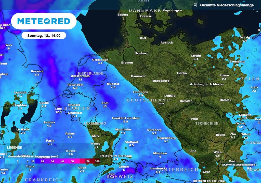 Die Regensummen bis Sonntag: Im Südwesten könnte es etwas Niederschlag geben, sonst bleibt es komplett trocken.