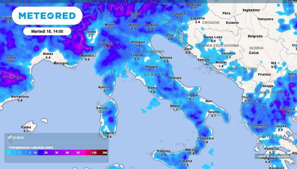 La pioggia cumulata in Italia prevista da oggi a martedì 18 agosto, ore 14. ECMWF MeteoRed