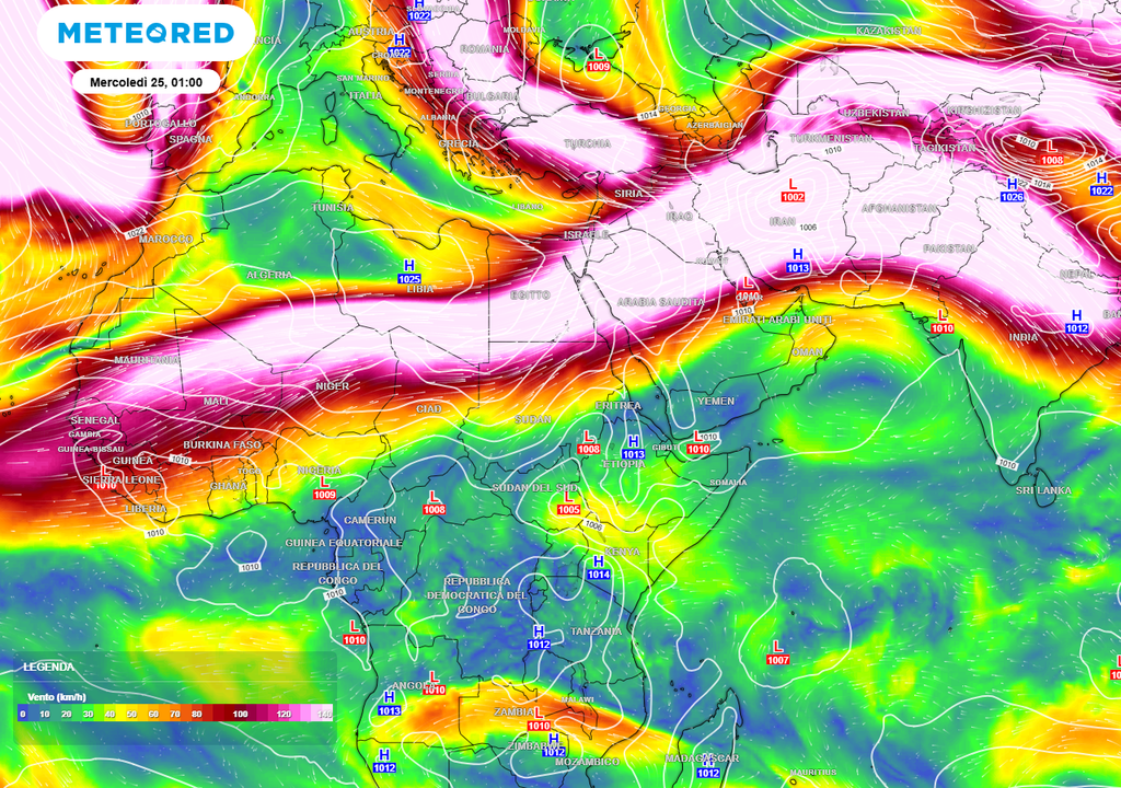 Getto subtropicale. Salendo sempre più di latitudine il ramo principale del “getto sub-tropicale” tenderà ad accoppiarsi con il ramo principale del “getto polare”, anche nell’area mediterranea e in Medio Oriente, come spesso avviene proprio fra aprile e maggio.