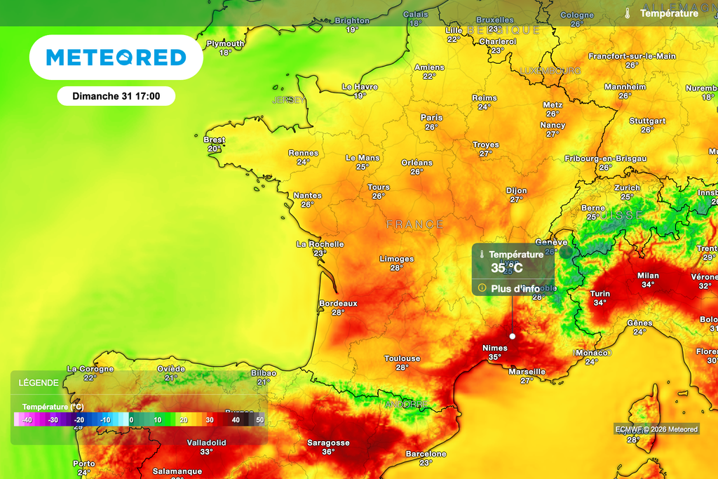 Très nette baisse des températures attendue dimanche sur la plupart des régions. Encore de 30 à 35 degrés dans le sud-est de la France. Très nette baisse des températures attendue dimanche sur la plupart des régions. Encore de 30 à 35 degrés dans le sud-est de la France.