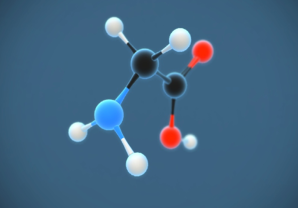 Glicina Struttura della molecola di glicina trovata sull'asteroide Bennu e comunemente usata in alcune tipologie di integratori alimentari.
