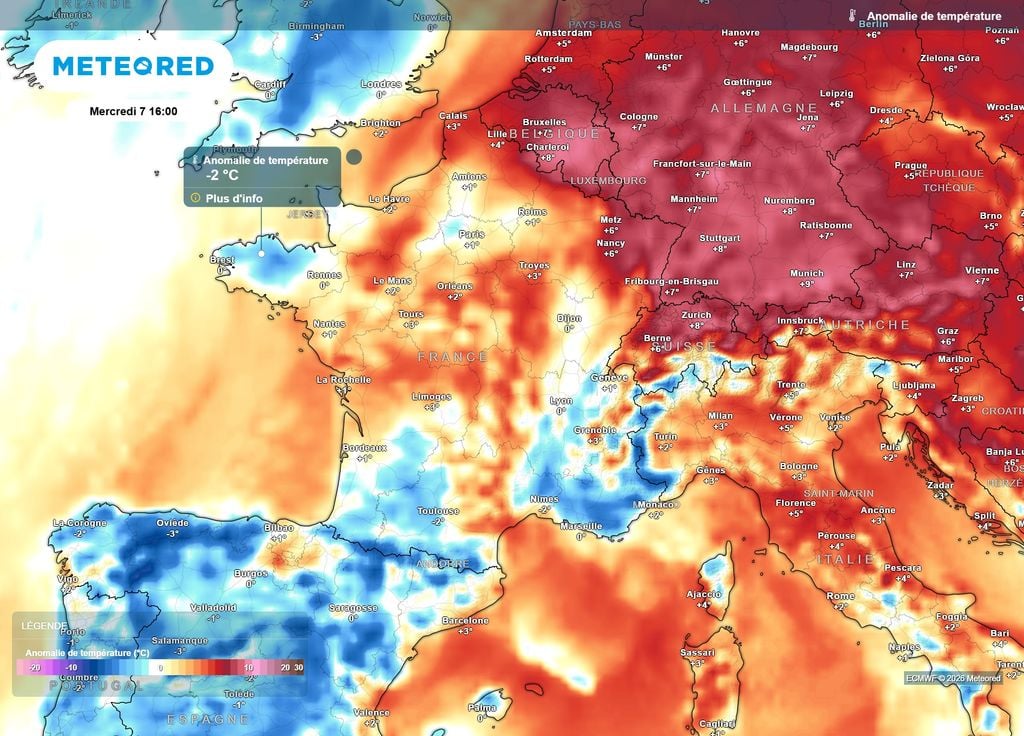 Anomalie de températures mercredi après-midi Mercredi après-midi, les températures débuteront leur baisse, sensible surtout sous les nuages et les averses orageuses. Le Nord-Est conservera encore une chaleur hors-saison.