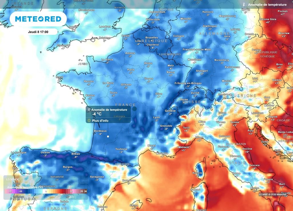 Anomalie de températures jeudi après-midi Jeudi après-midi, la carte toute bleue en-dehors de la Côte d'Azur et de l'Est de la Corse montre que l'air frais aura déboulé sur tout le territoire.