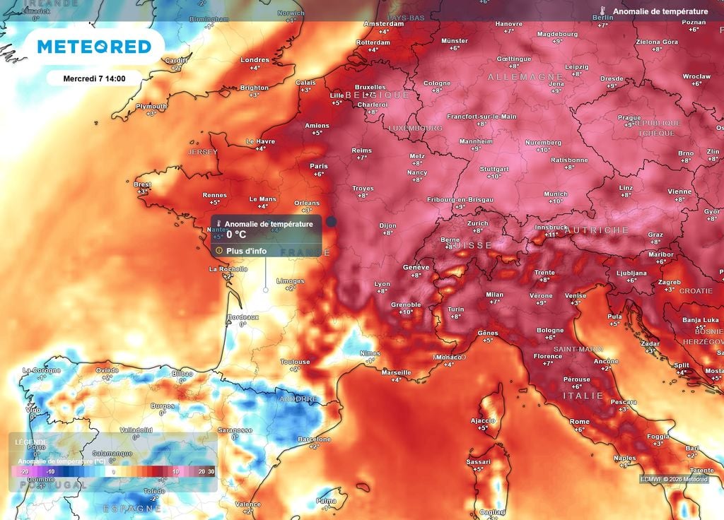 Anomalie de températures mercredi 7 octobre après-midi On voit bien sur cette carte d'anomalie de températures la chaleur se faire chasser vers l'Est par la perturbation pluvieuse présente à l'Ouest.
