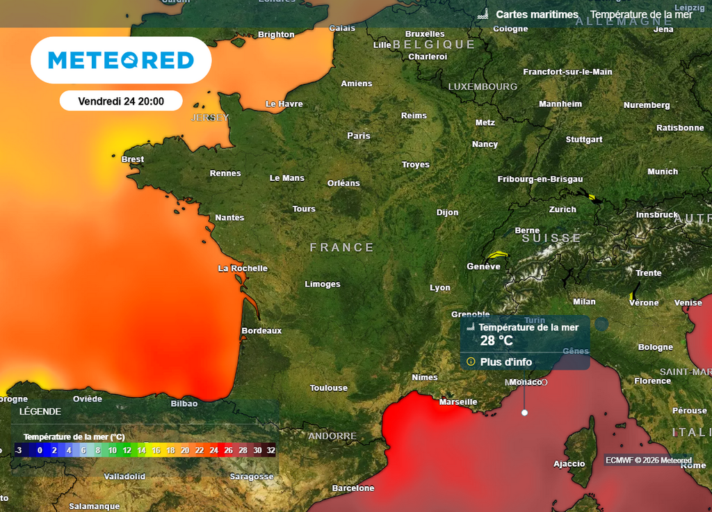 Températures mer Les températures des mers et océans bordant la France sont exceptionnellement élevées en cette fin juillet en raison des vagues de chaleur successives