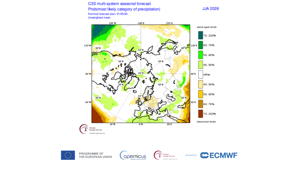 A livello emisferico i mesi di Giugno, Luglio ed Agosto (June, July, August) le precipitazioni avranno oscillazioni anche positive. Credit: Copernicus C3S, ECMWF
