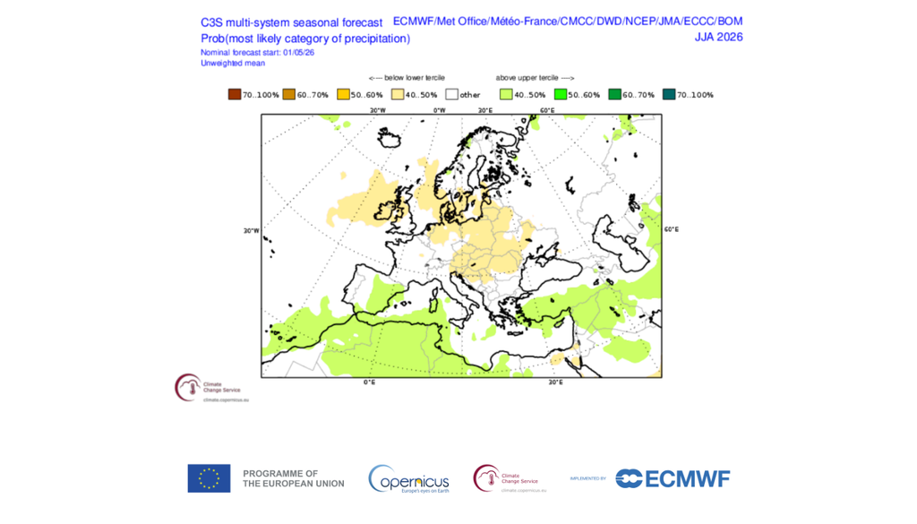 A livello europeo si nota una prevalenza di anomalie negative per le precipitazioni, quindi un'estate anche piuttosto secca. Credit: Copernicus C3S, ECMWF