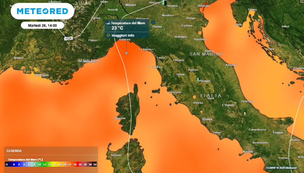 Sul Mar Ligure entro lunedì la temperatura superficiale dell'acqua potrà raggiungere e superare la soglia dei +23°C.