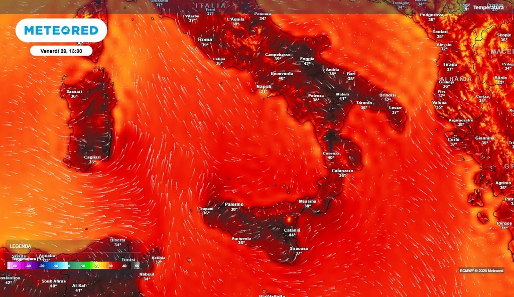 Temperature massime per domani venerdì 28 agosto Italia meridionale oltre i 40°C